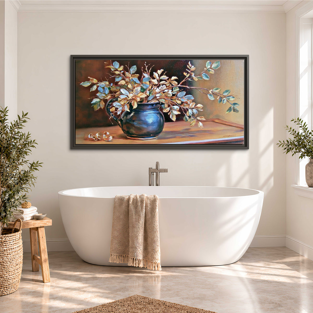 White and peach flowering branches arranged in a blue vase against a warm ochre background single framed canvas wall art styled in an interior