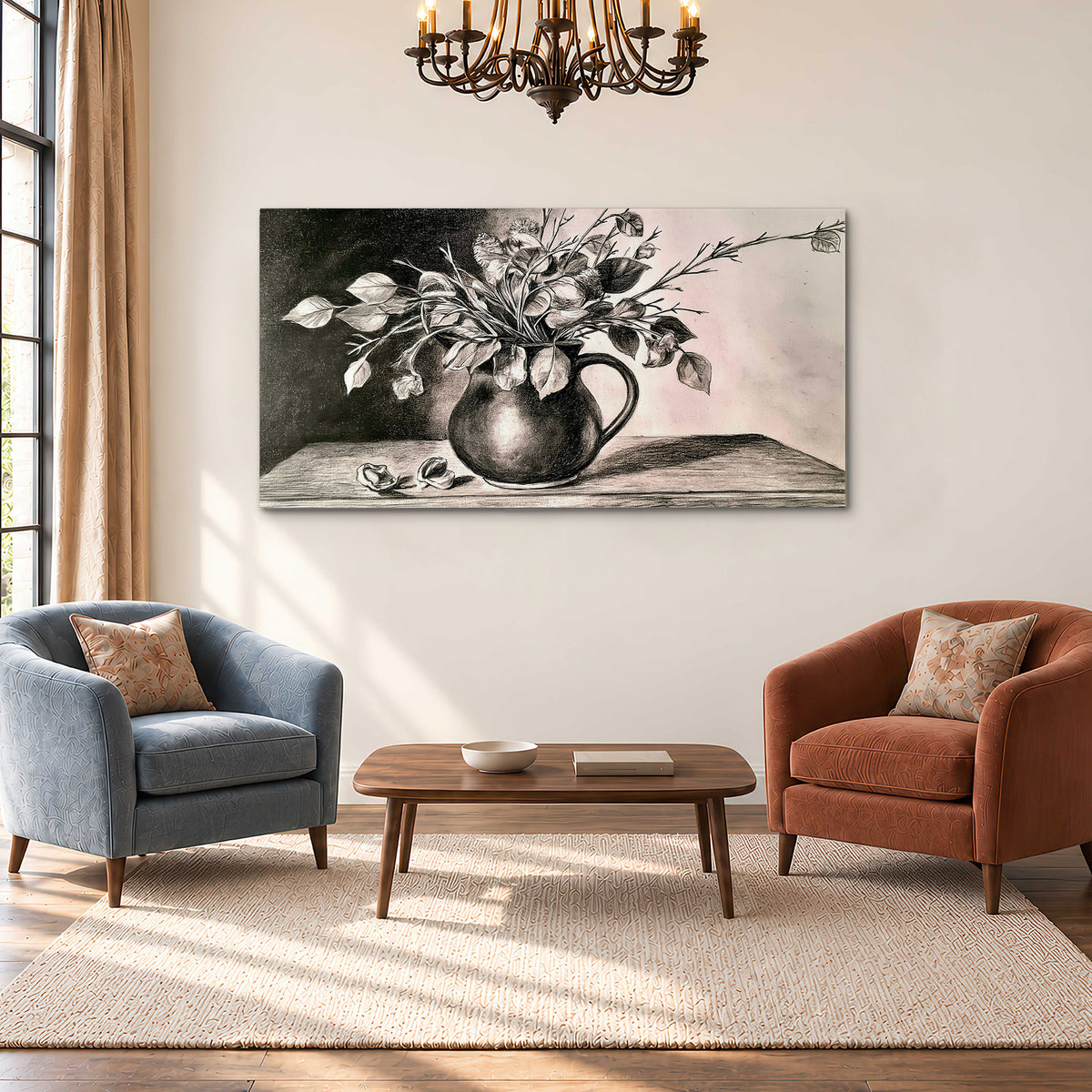 Leafy flowering branches in a rounded pitcher rendered in expressive charcoal-style strokes single canvas wall art styled in an interior