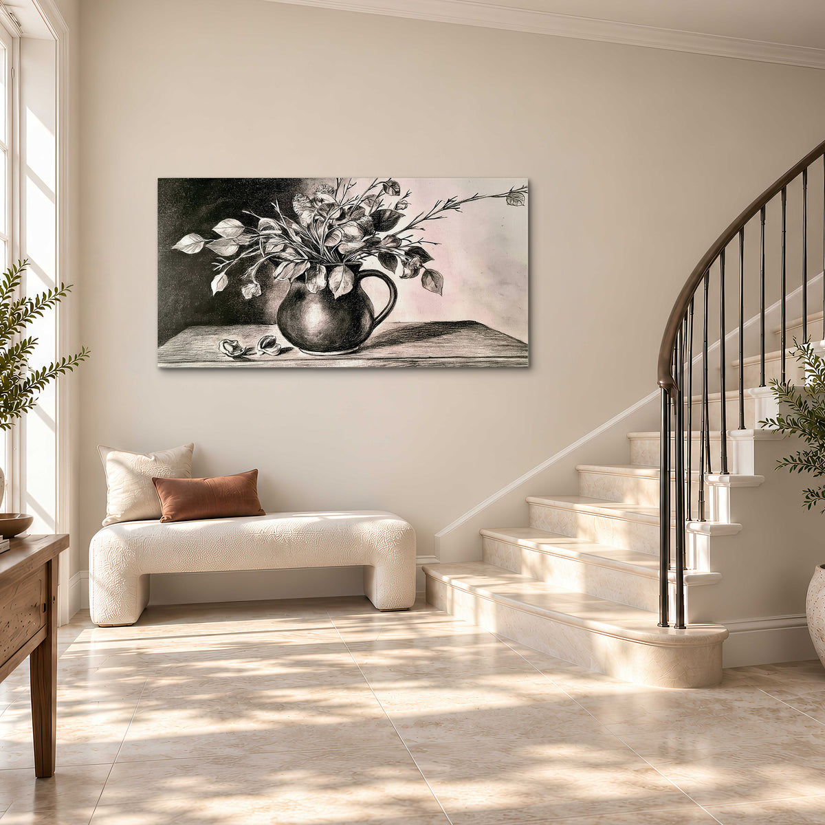 Leafy flowering branches in a rounded pitcher rendered in expressive charcoal-style strokes single canvas wall art styled in an interior