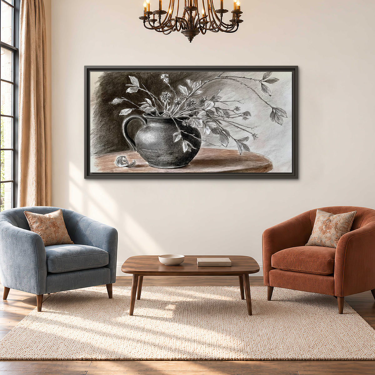 Fine leafy branches spilling from a dark rounded vase in a soft monochrome still life single framed canvas wall art styled in an interior