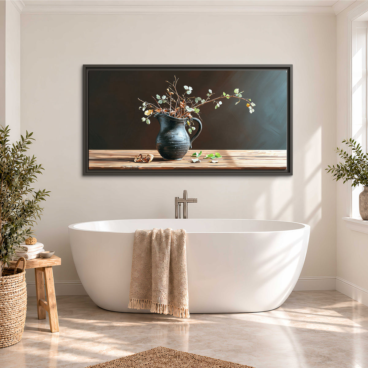 A delicate arrangement of pale blossoms in a blue vase on a sunlit wooden table single framed canvas wall art styled in an interior