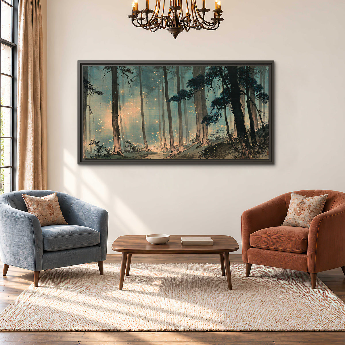 Warm shafts of light falling between tall dark pine trees in a misty green forest single framed canvas wall art styled in an interior
