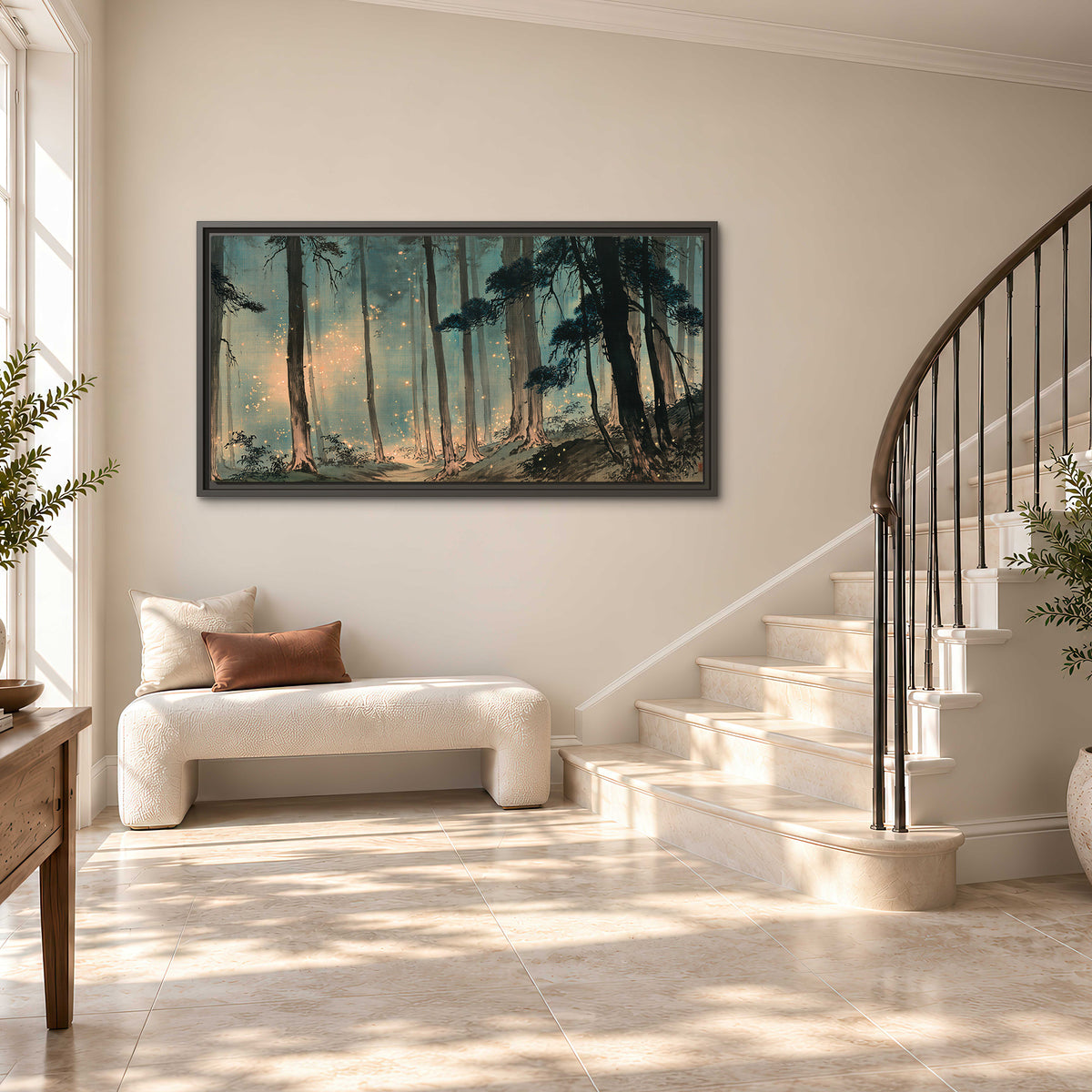 Warm shafts of light falling between tall dark pine trees in a misty green forest single framed canvas wall art styled in an interior
