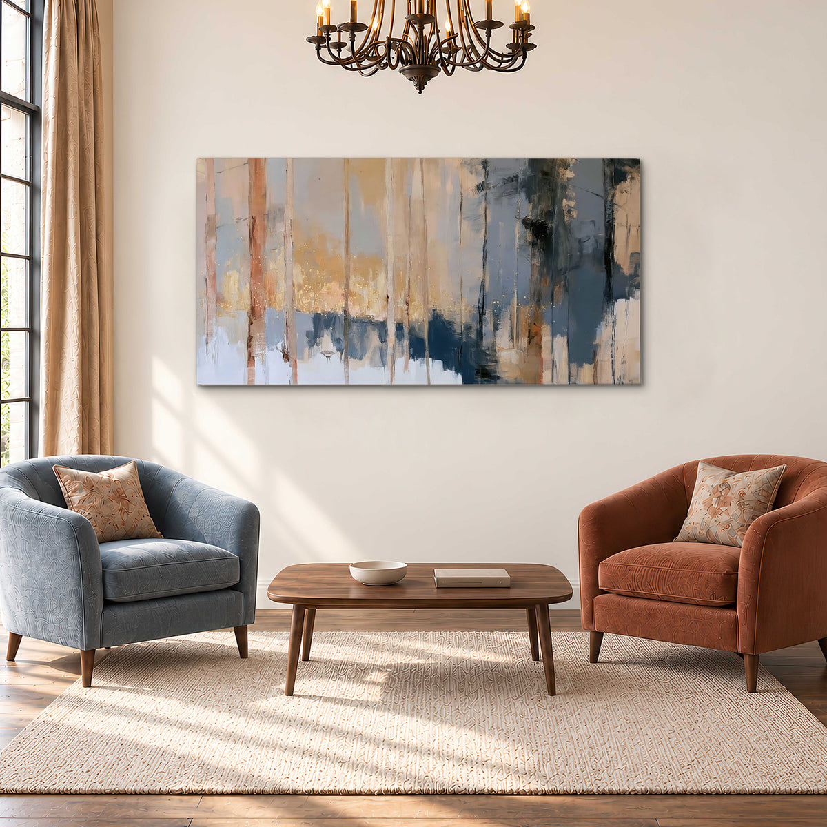Vertical strokes of cream, blue and ochre suggesting a quiet woodland single canvas wall art styled in an interior