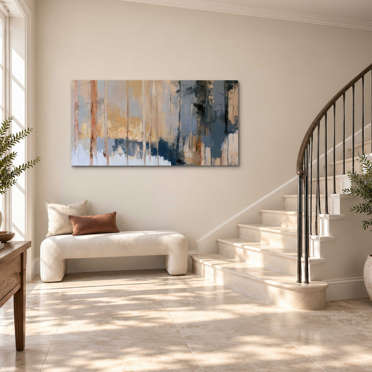 Vertical strokes of cream, blue and ochre suggesting a quiet woodland single canvas wall art styled in an interior