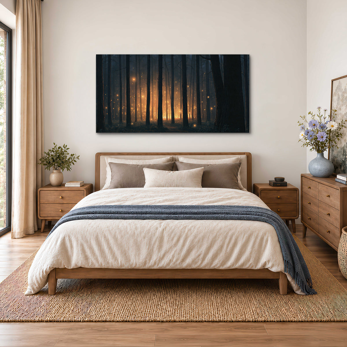 A warm amber glow shining between closely spaced dark forest trunks single canvas wall art styled in an interior