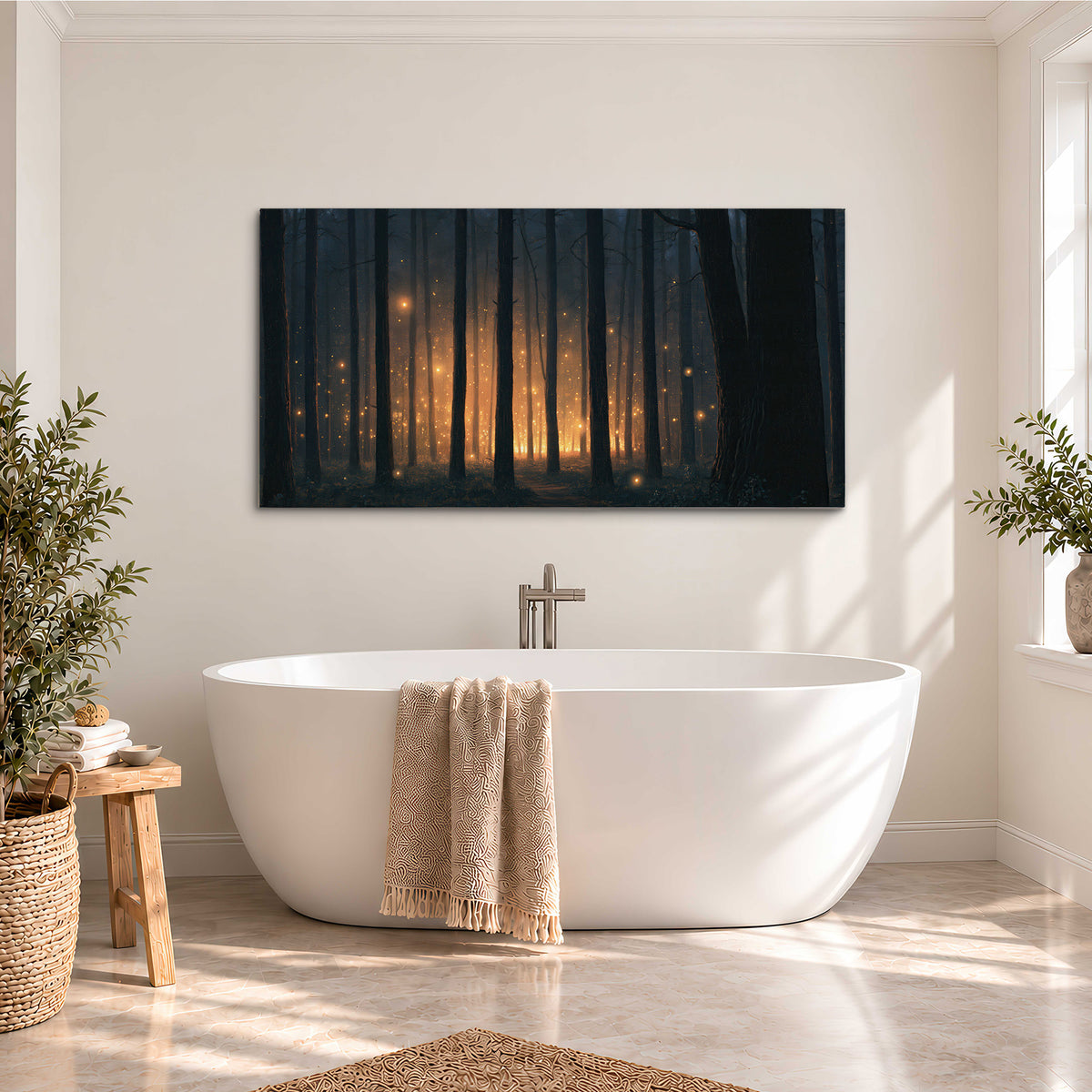 A warm amber glow shining between closely spaced dark forest trunks single canvas wall art styled in an interior