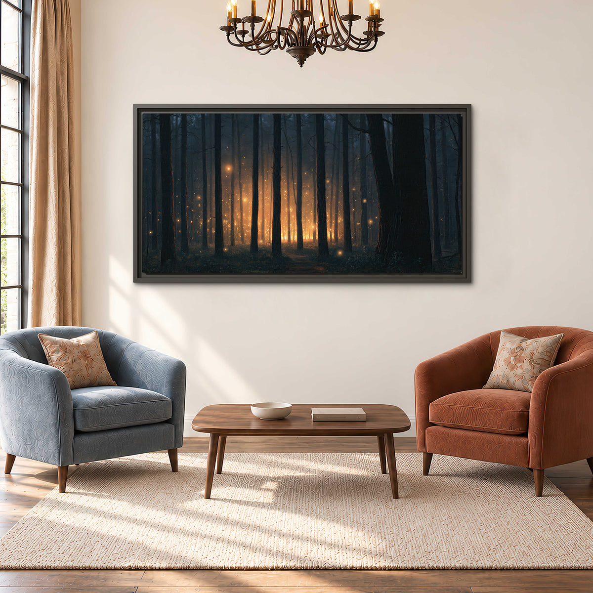 A warm amber glow shining between closely spaced dark forest trunks single framed canvas wall art styled in an interior