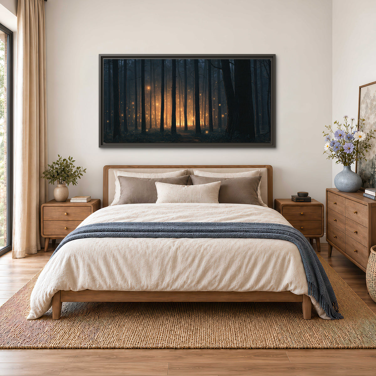 A warm amber glow shining between closely spaced dark forest trunks single framed canvas wall art styled in an interior