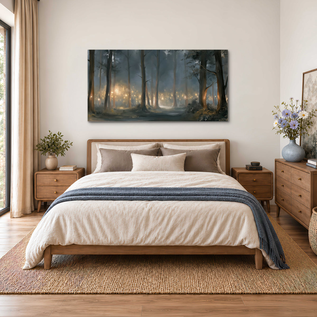 Soft warm light filtering through tall trees in a cool mist-covered forest single canvas wall art styled in an interior