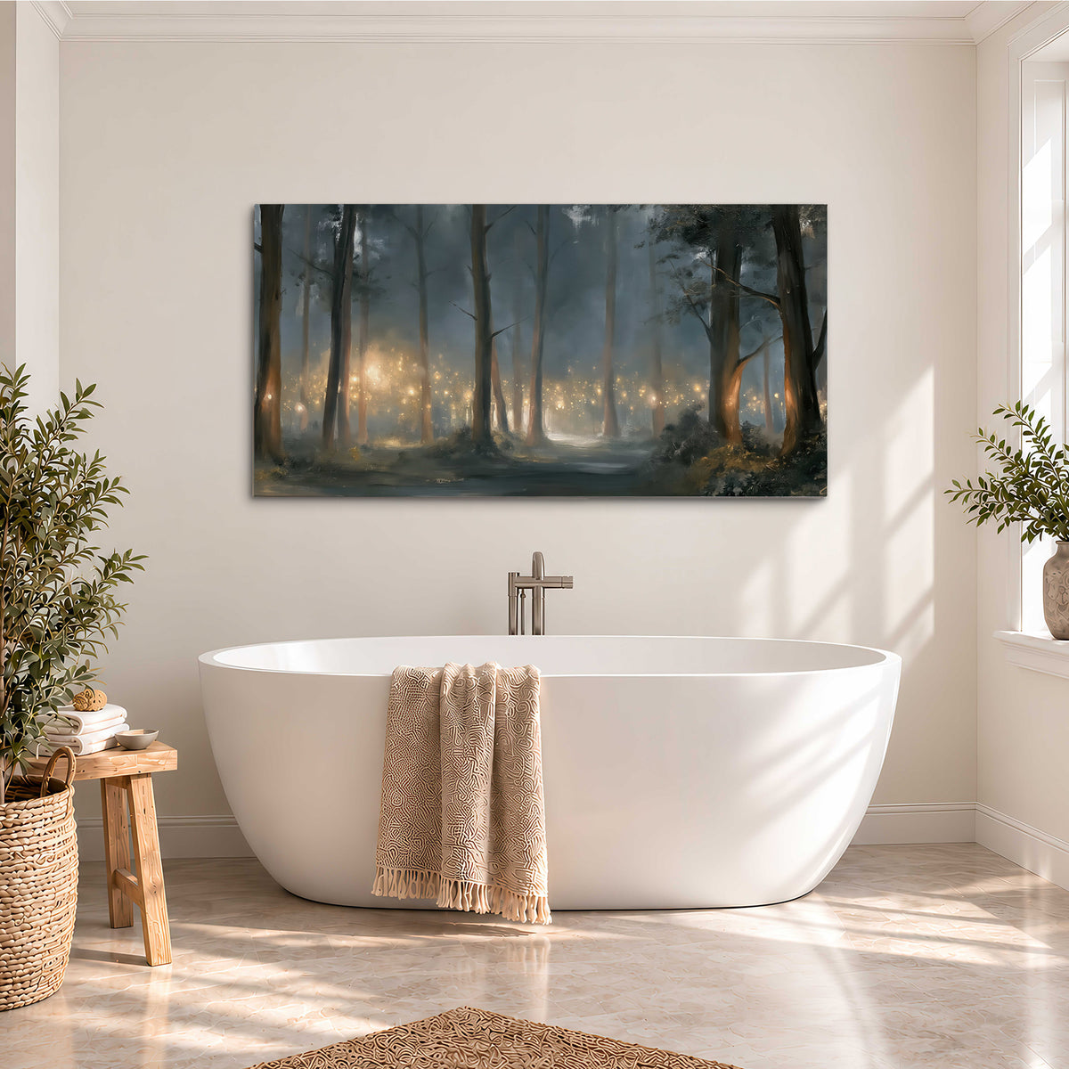Soft warm light filtering through tall trees in a cool mist-covered forest single canvas wall art styled in an interior