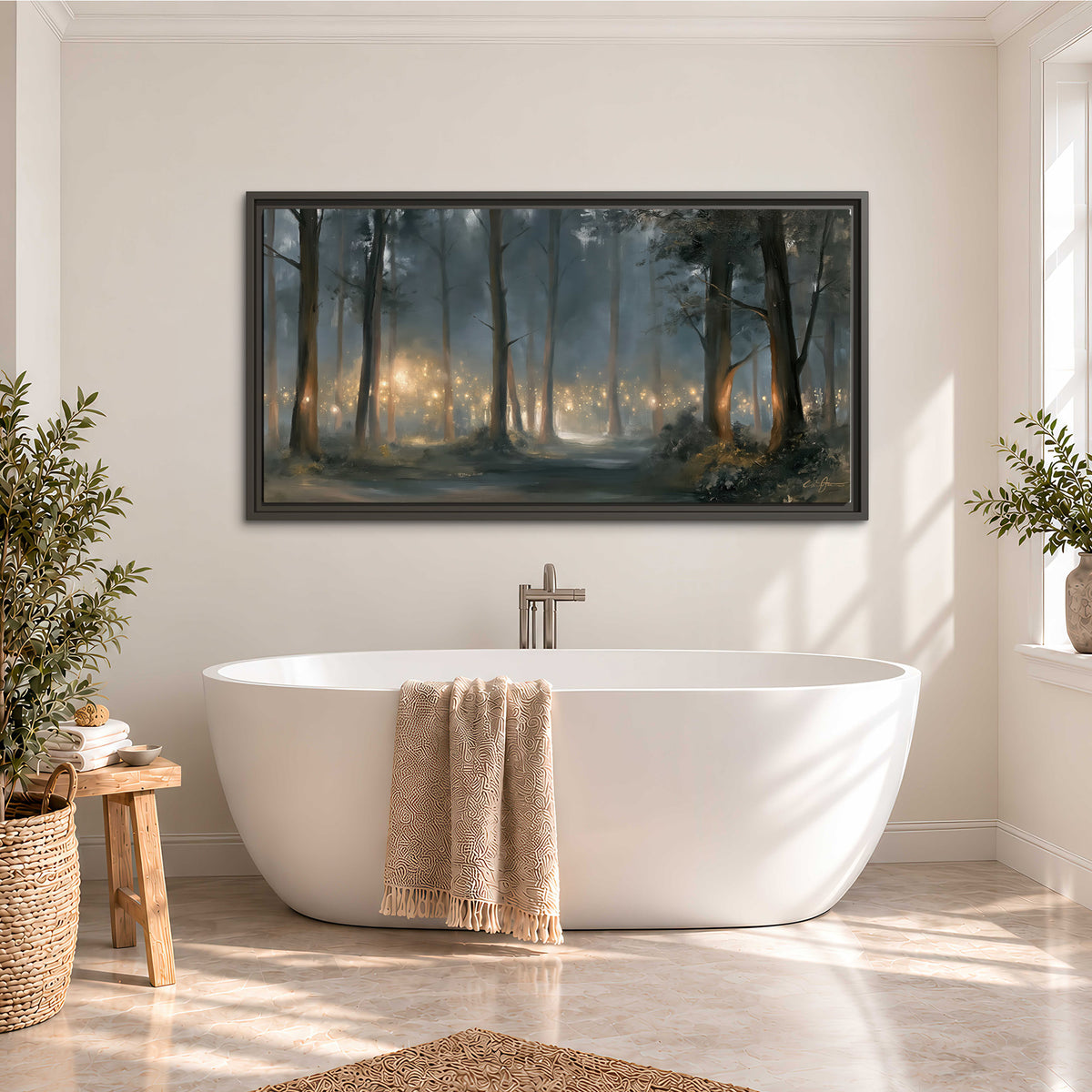 Soft warm light filtering through tall trees in a cool mist-covered forest single framed canvas wall art styled in an interior