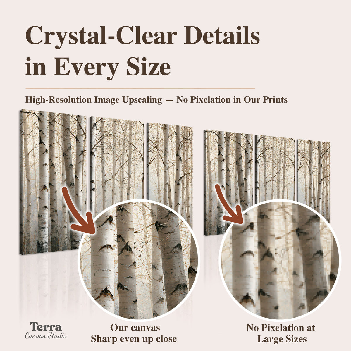 Pale birch trunks and delicate bare branches in a soft neutral woodland artwork quality information