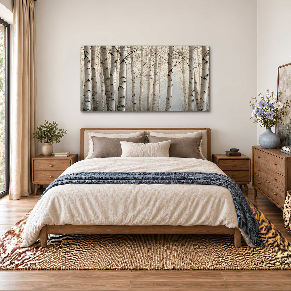 Pale birch trunks and delicate bare branches in a soft neutral woodland single canvas wall art styled in an interior