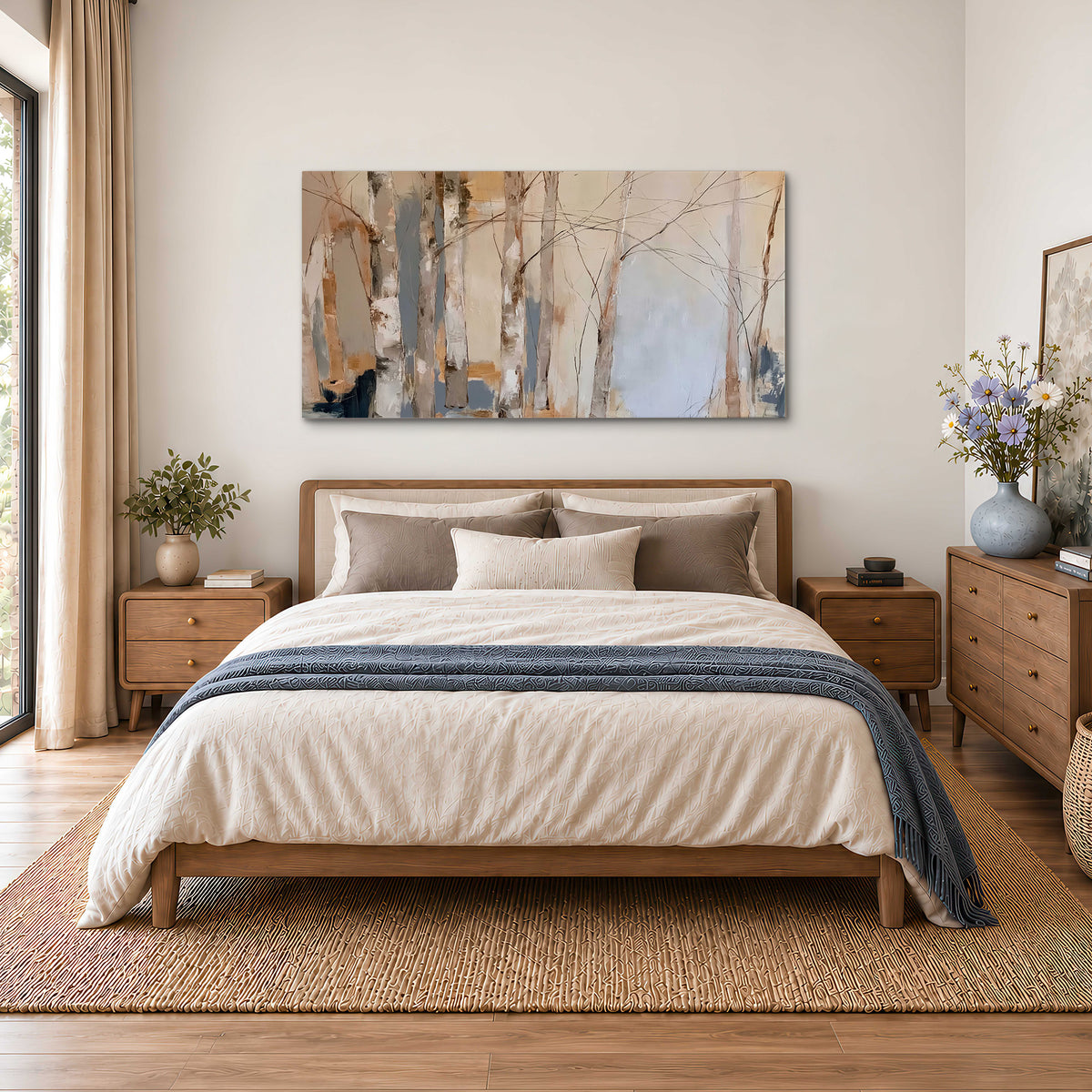 Loose pale blue, peach and cream strokes suggesting a stand of birch trees single canvas wall art styled in an interior