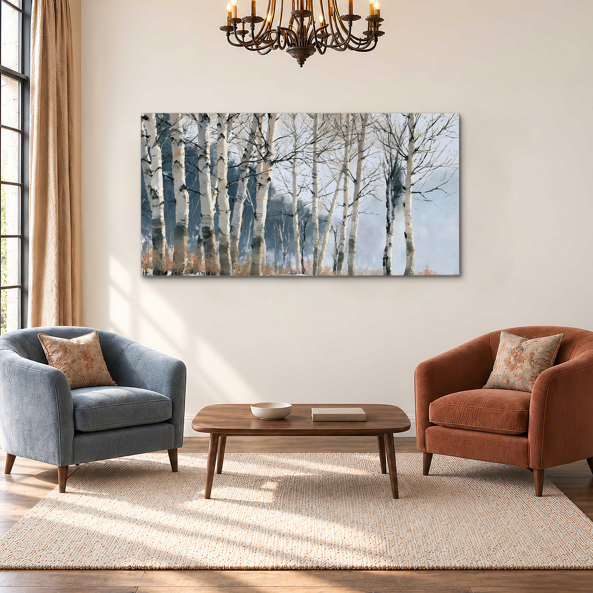 A line of bare birch trees against a cool blue-gray sky single canvas wall art styled in an interior