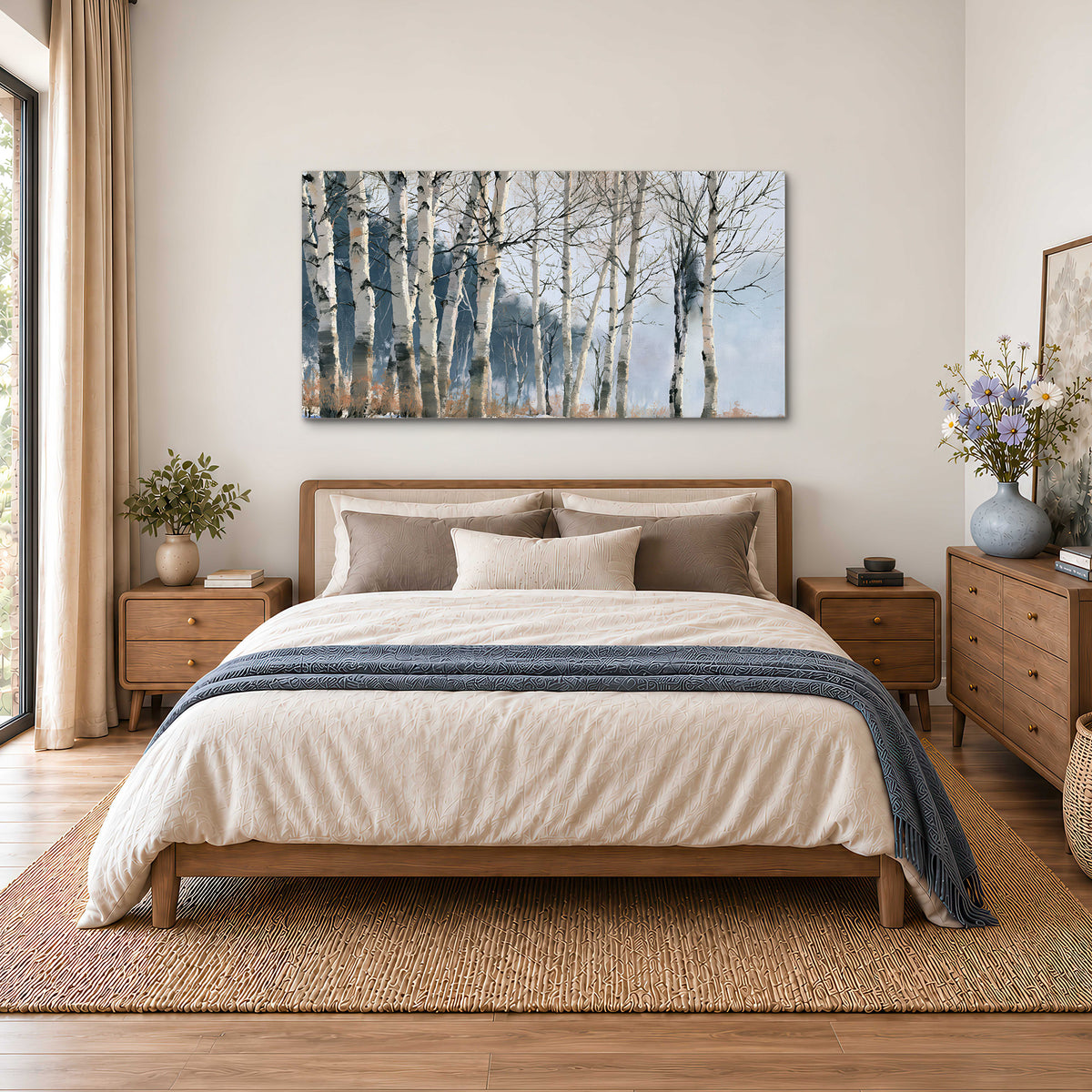 A line of bare birch trees against a cool blue-gray sky single canvas wall art styled in an interior