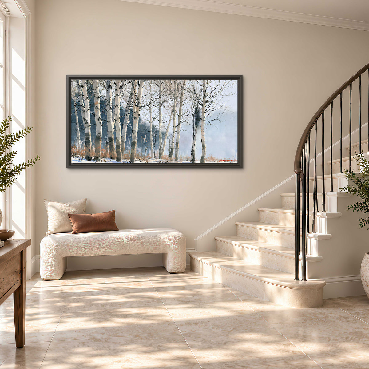 A line of bare birch trees against a cool blue-gray sky single framed canvas wall art styled in an interior