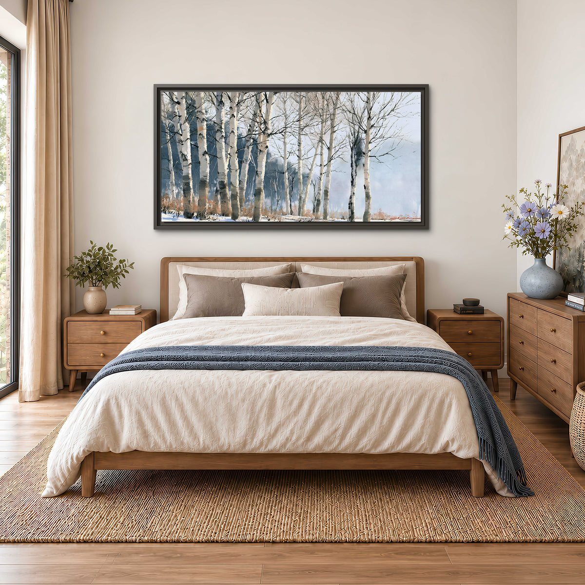 A line of bare birch trees against a cool blue-gray sky single framed canvas wall art styled in an interior