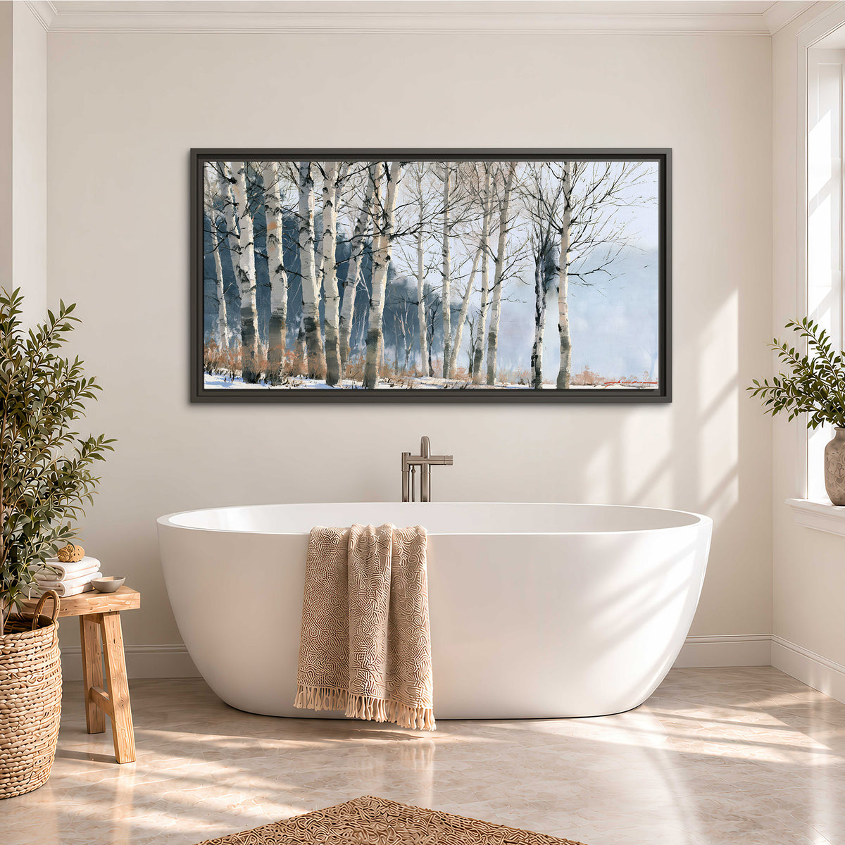 A line of bare birch trees against a cool blue-gray sky single framed canvas wall art styled in an interior