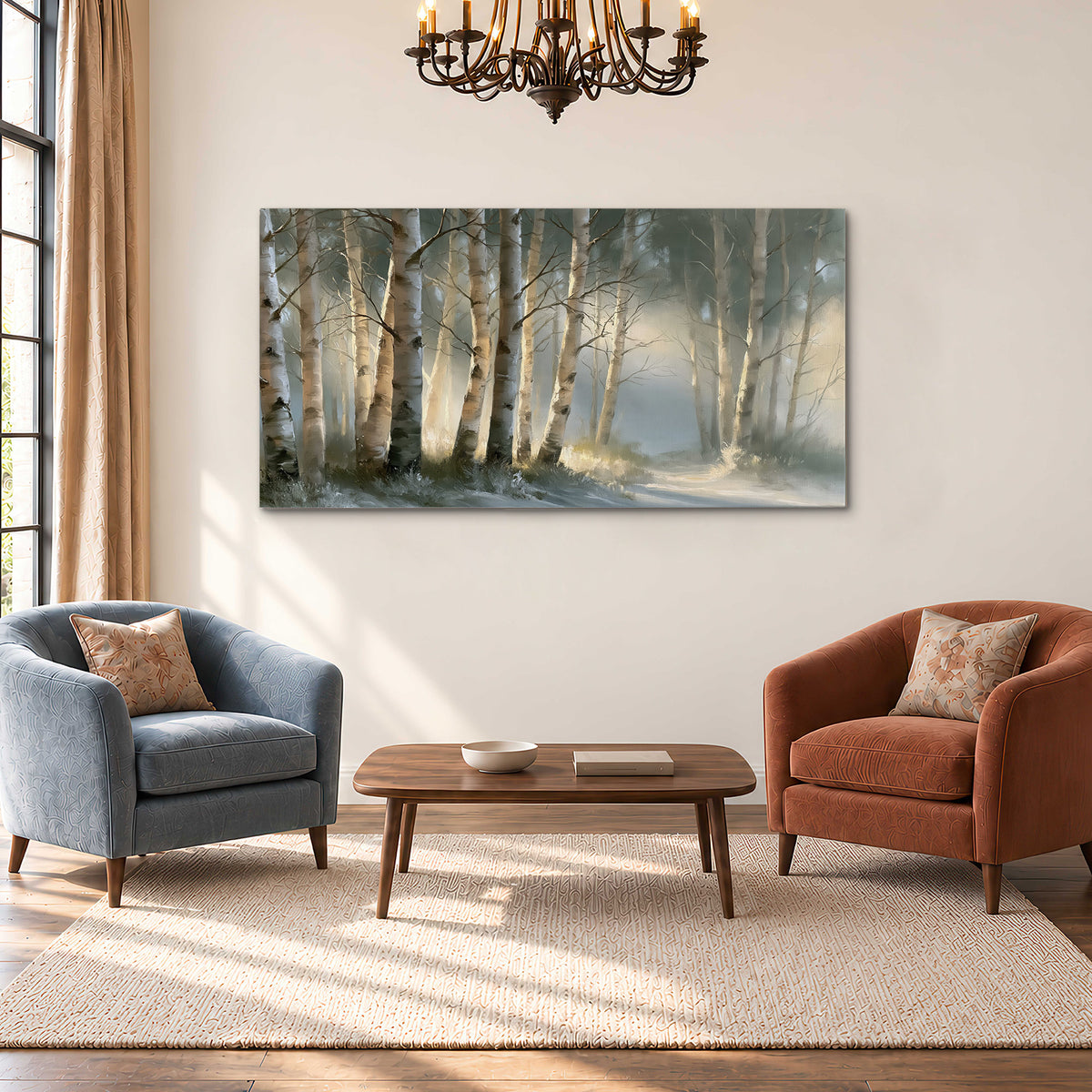 A softly lit woodland path winding between pale birch trunks single canvas wall art styled in an interior