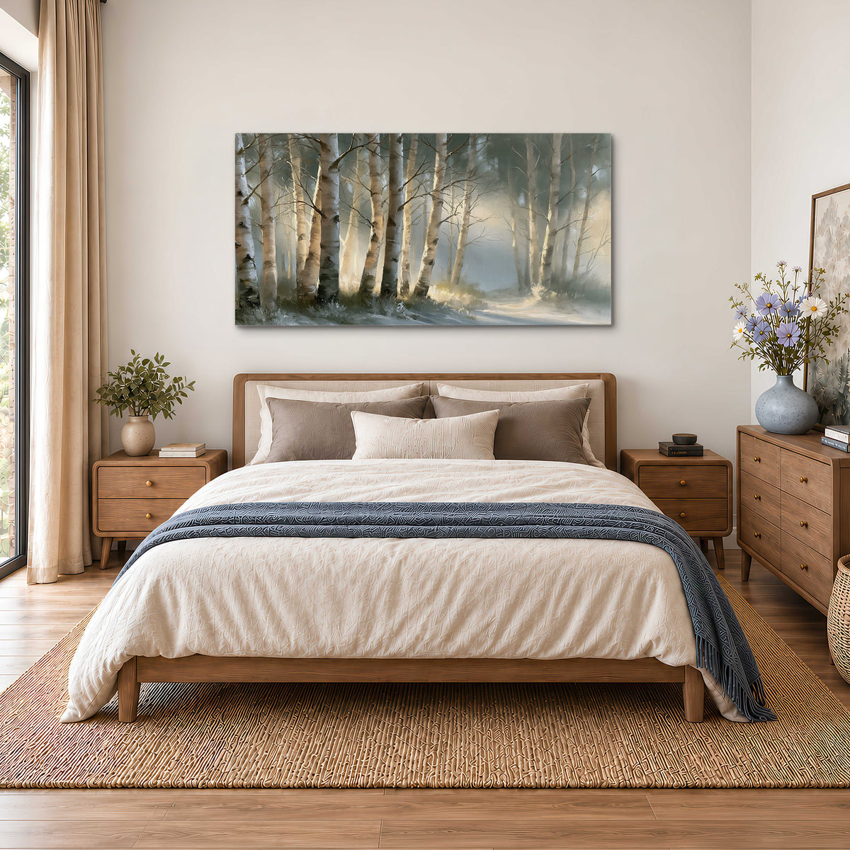 A softly lit woodland path winding between pale birch trunks single canvas wall art styled in an interior