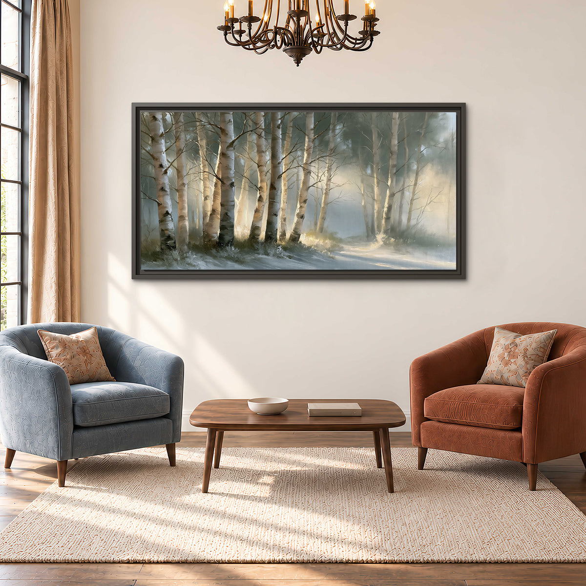 A softly lit woodland path winding between pale birch trunks single framed canvas wall art styled in an interior