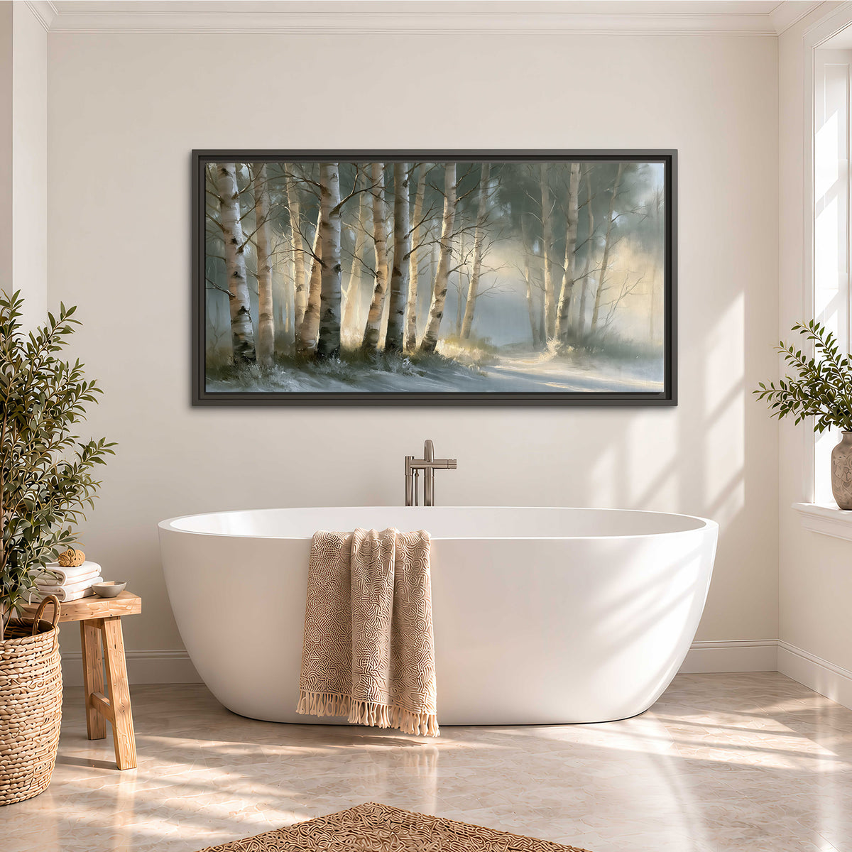 A softly lit woodland path winding between pale birch trunks single framed canvas wall art styled in an interior