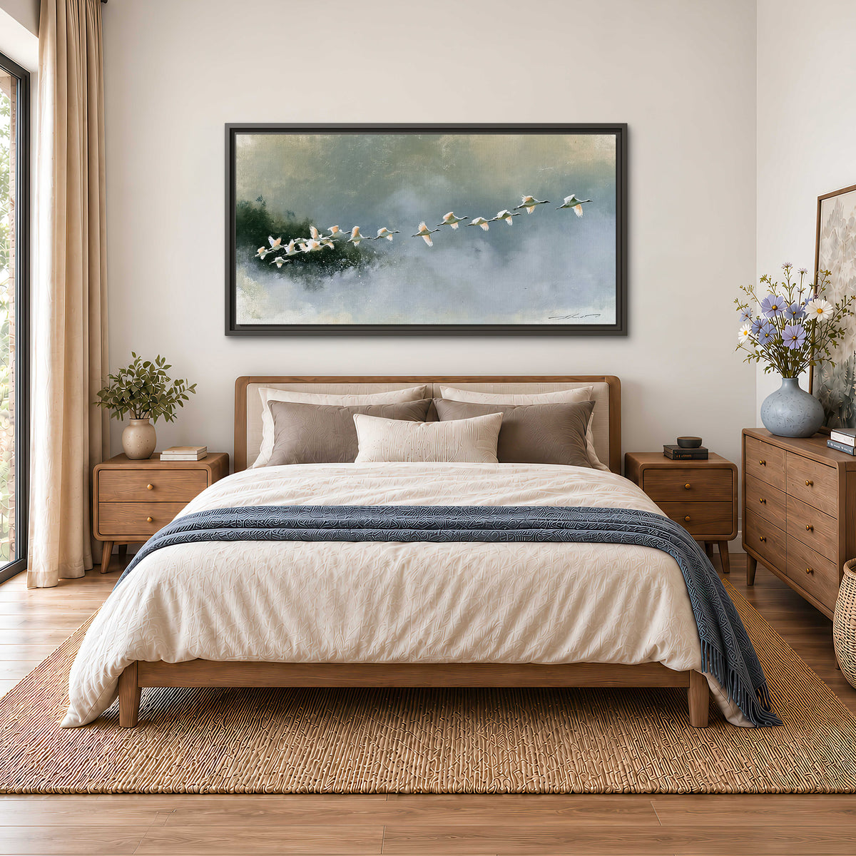 A flock of white birds flying low above a quiet blue-green lake single framed canvas wall art styled in an interior