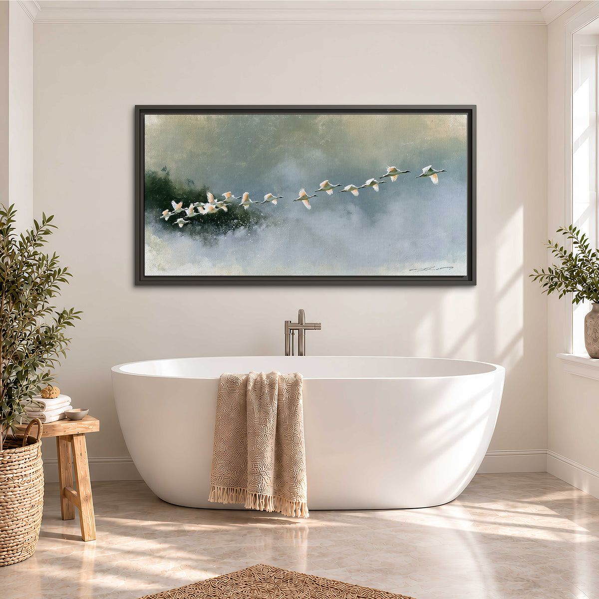 A flock of white birds flying low above a quiet blue-green lake single framed canvas wall art styled in an interior