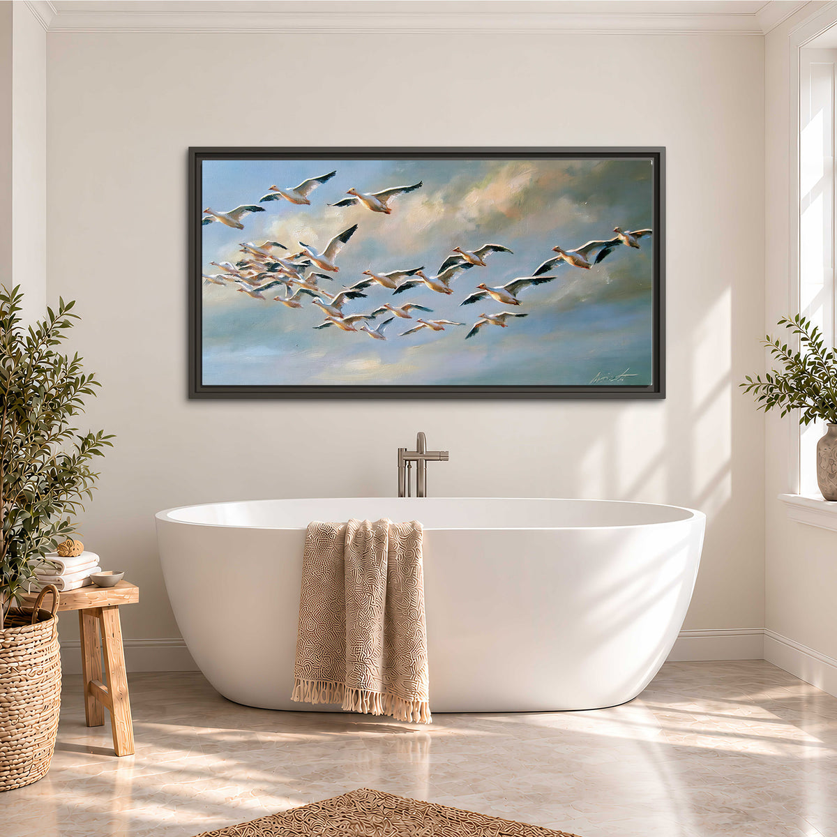 A flock of pale seabirds gliding beneath soft clouds across a blue sky single framed canvas wall art styled in an interior