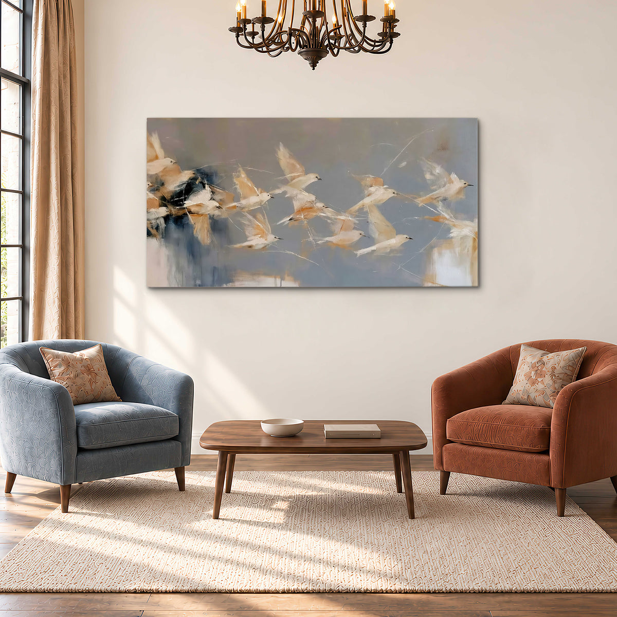 Pale bird-like forms sweeping across layered strokes of blue, ochre and cream single canvas wall art styled in an interior