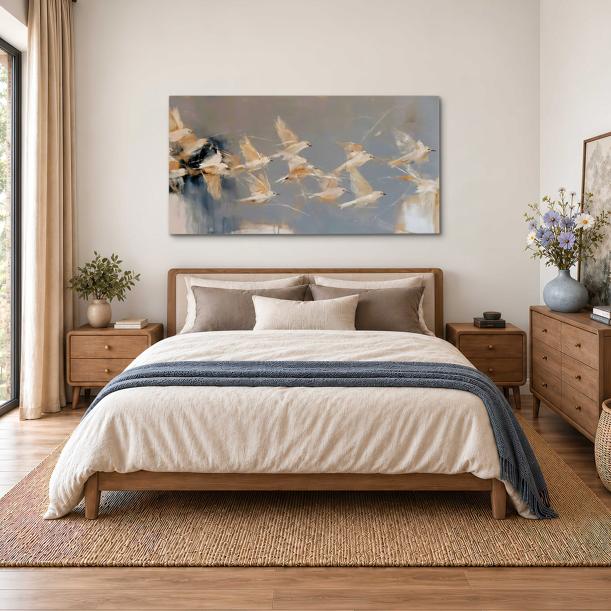 Pale bird-like forms sweeping across layered strokes of blue, ochre and cream single canvas wall art styled in an interior