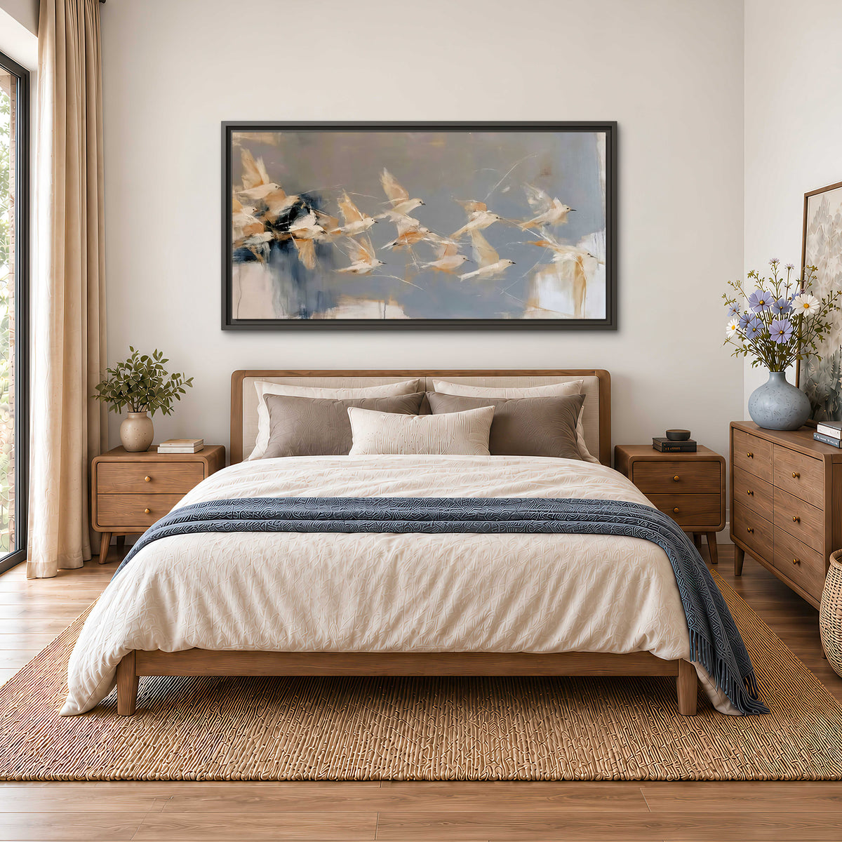 Pale bird-like forms sweeping across layered strokes of blue, ochre and cream single framed canvas wall art styled in an interior