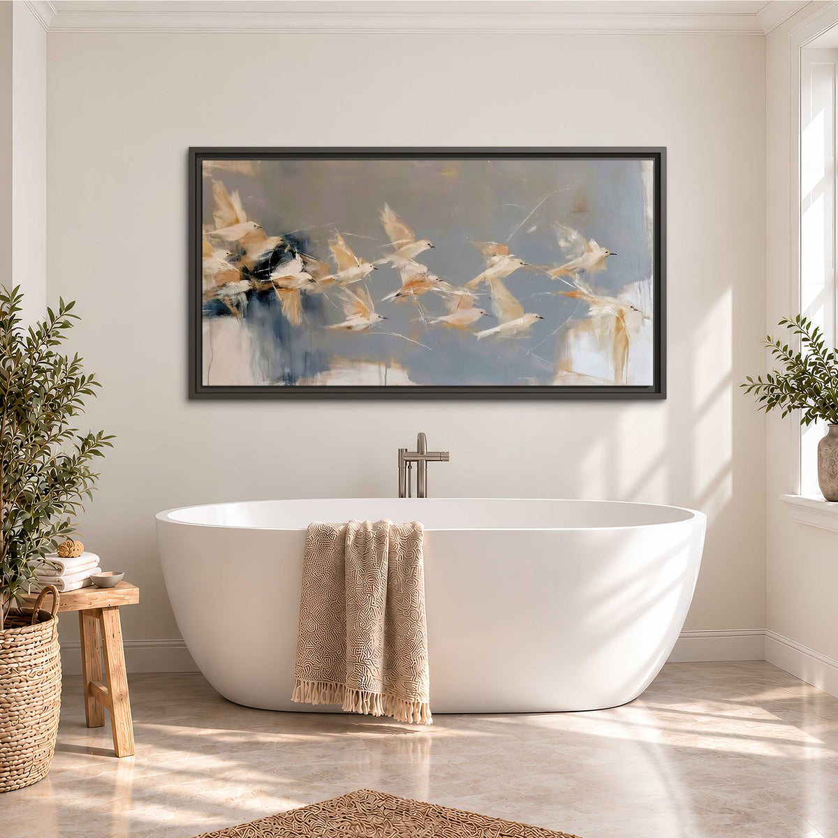 Pale bird-like forms sweeping across layered strokes of blue, ochre and cream single framed canvas wall art styled in an interior