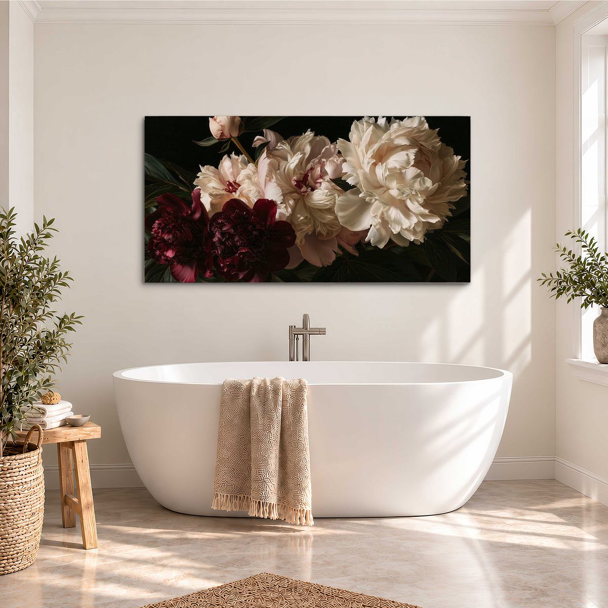Full ivory and deep burgundy peonies against a dark green background single canvas wall art styled in an interior