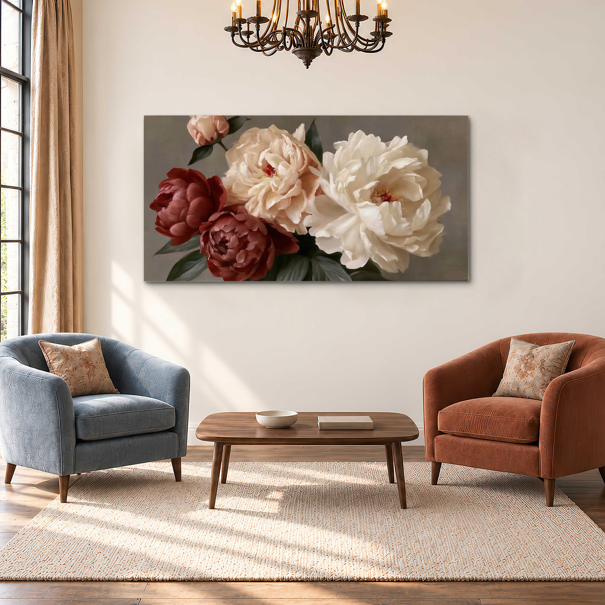 Large blush peonies and rust-colored flowers in a softly shaded arrangement single canvas wall art styled in an interior