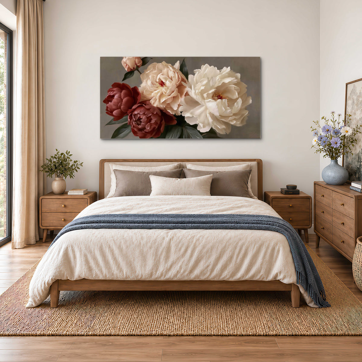 Large blush peonies and rust-colored flowers in a softly shaded arrangement single canvas wall art styled in an interior