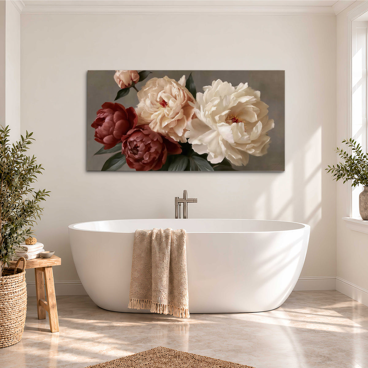 Large blush peonies and rust-colored flowers in a softly shaded arrangement single canvas wall art styled in an interior