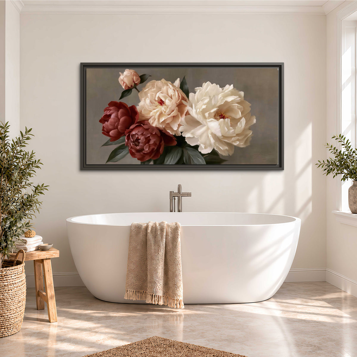 Large blush peonies and rust-colored flowers in a softly shaded arrangement single framed canvas wall art styled in an interior
