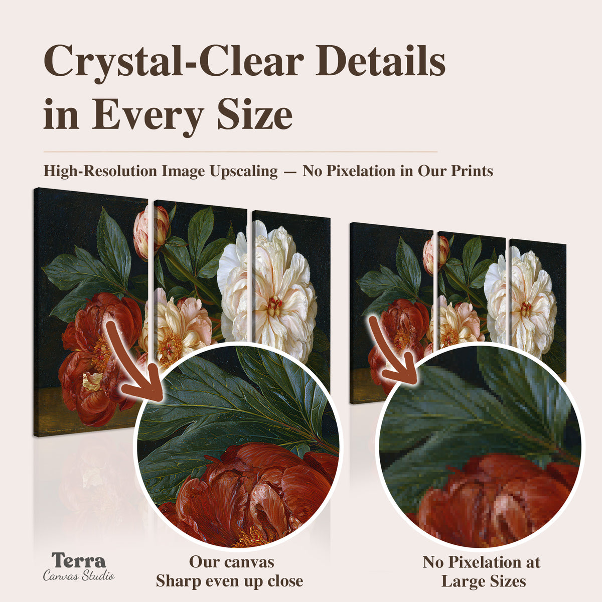 A large pale peony beside small ruby-red and peach flowers on a deep green ground artwork quality information