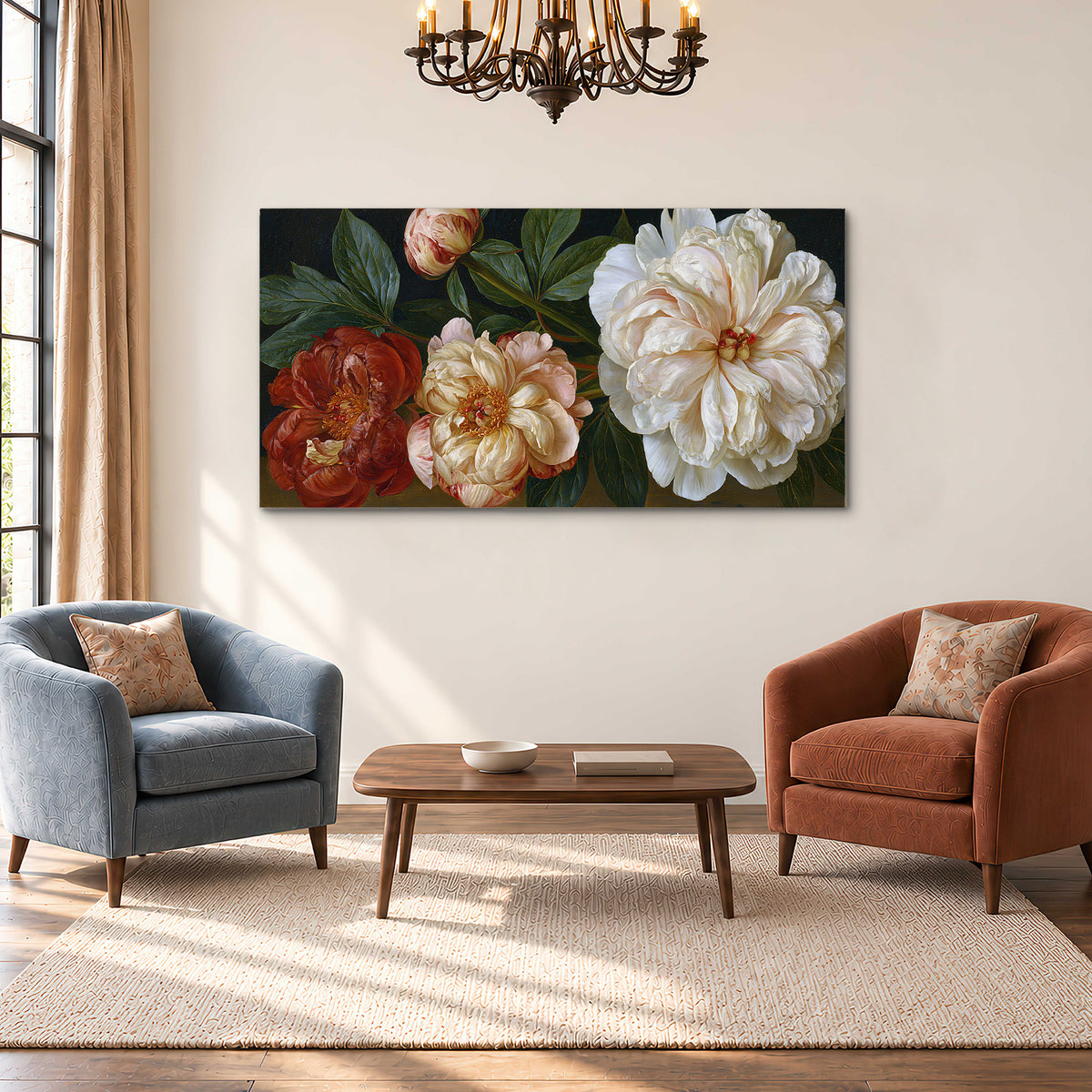 A large pale peony beside small ruby-red and peach flowers on a deep green ground single canvas wall art styled in an interior