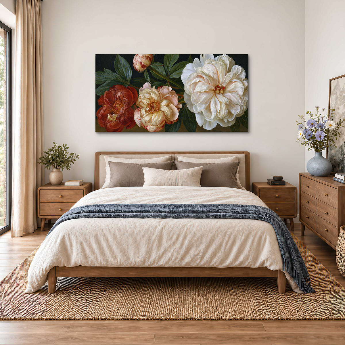 A large pale peony beside small ruby-red and peach flowers on a deep green ground single canvas wall art styled in an interior