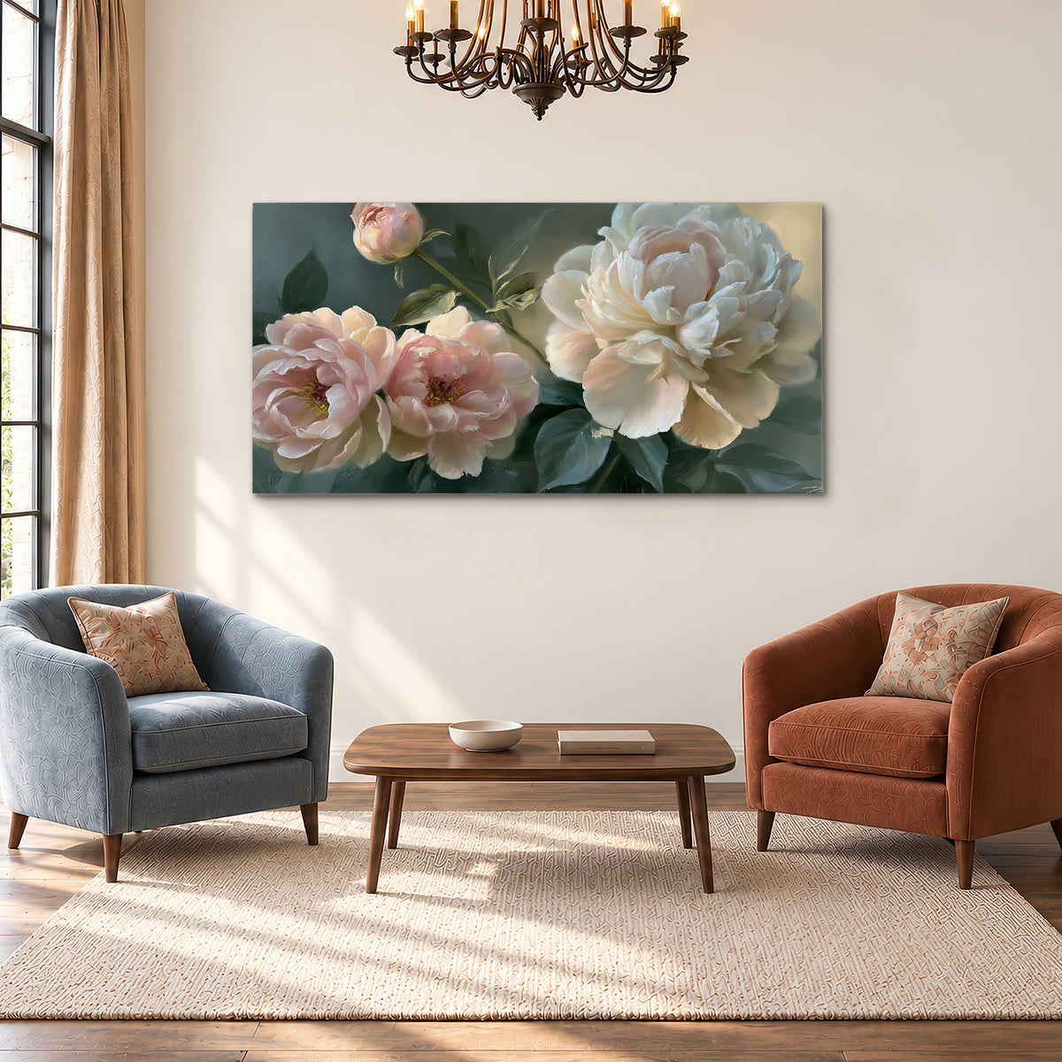 A large cream peony beside blush flowers and broad green leaves single canvas wall art styled in an interior