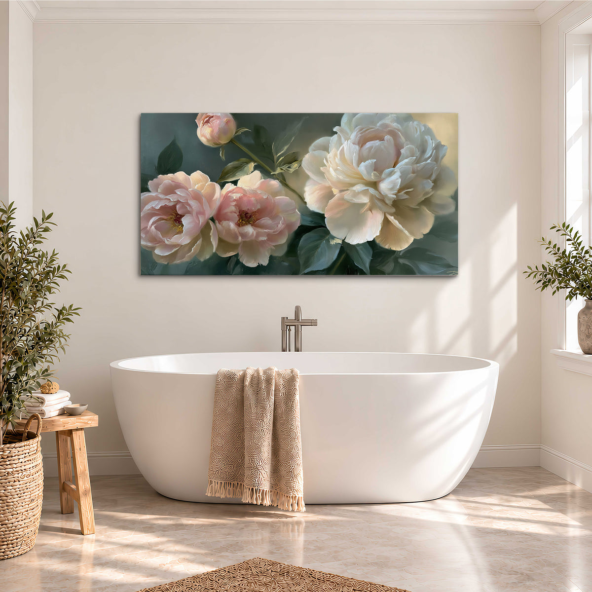 A large cream peony beside blush flowers and broad green leaves single canvas wall art styled in an interior