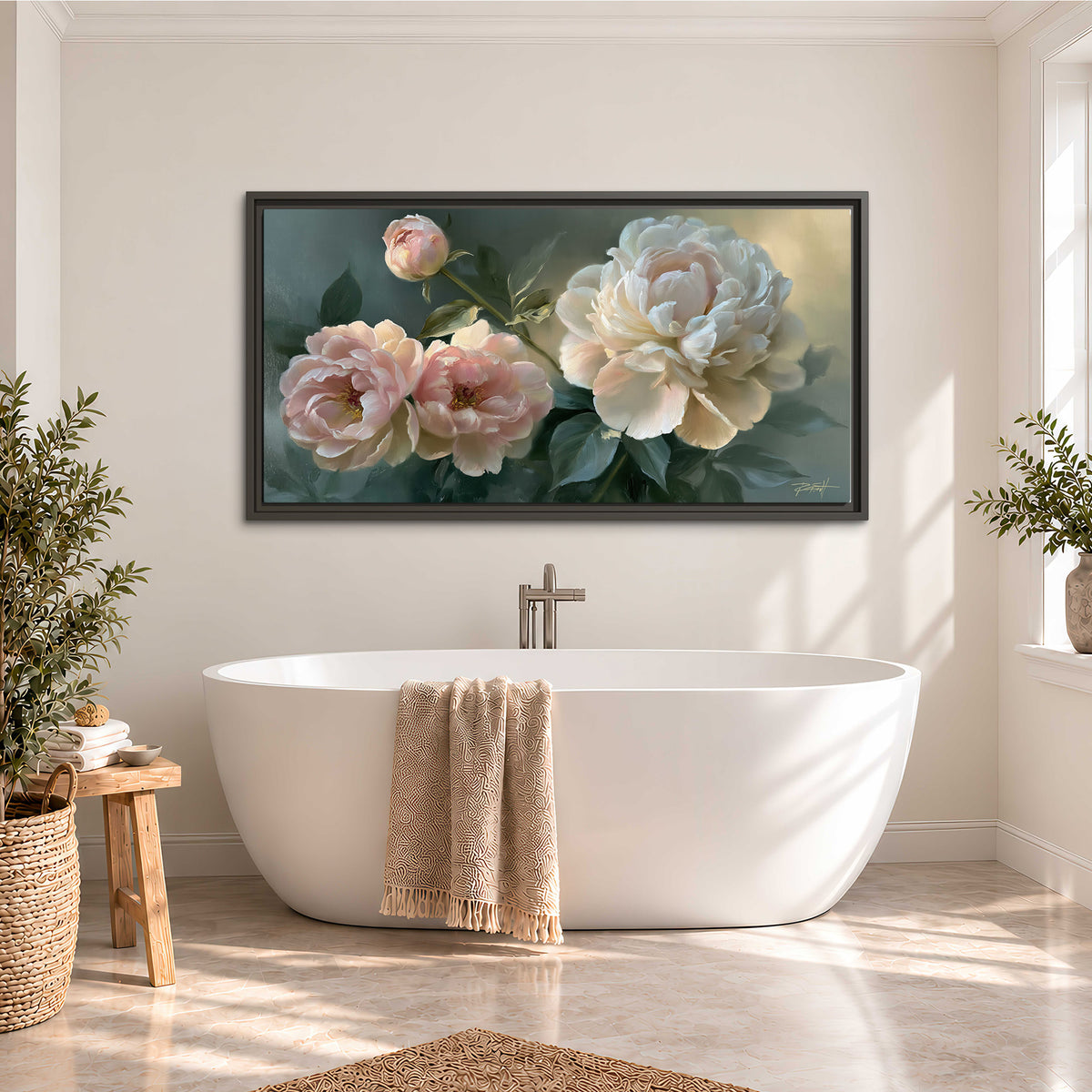 A large cream peony beside blush flowers and broad green leaves single framed canvas wall art styled in an interior