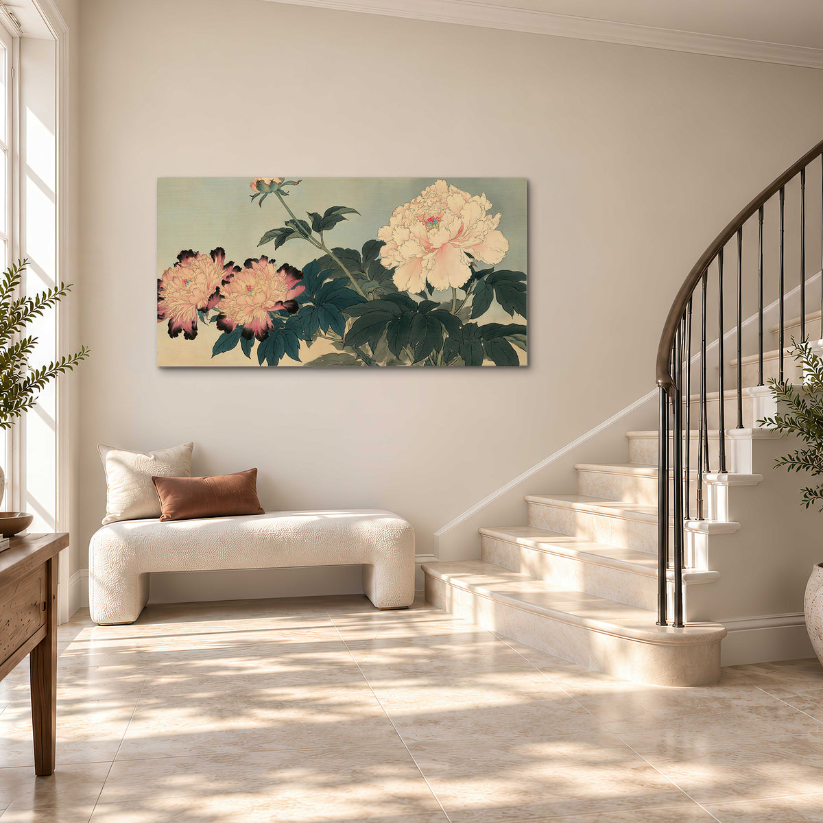 Pink and cream peonies with dark green leaves on a warm beige ground single canvas wall art styled in an interior