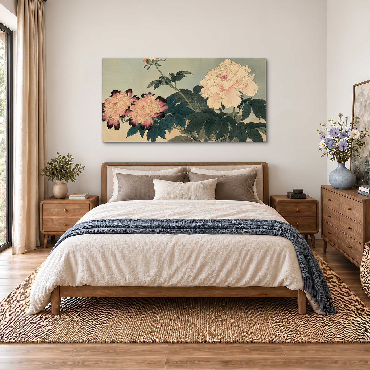 Pink and cream peonies with dark green leaves on a warm beige ground single canvas wall art styled in an interior