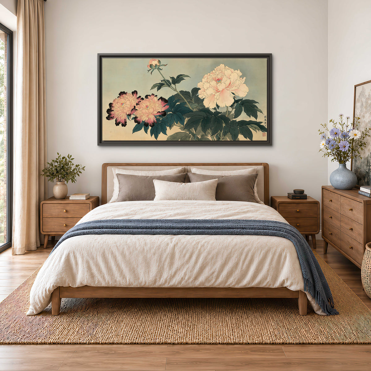 Pink and cream peonies with dark green leaves on a warm beige ground single framed canvas wall art styled in an interior