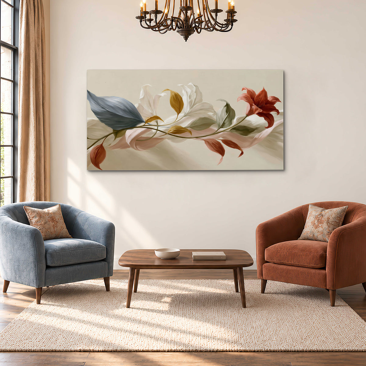 Ivory calla-like flowers and muted red accents curling across a cream background single canvas wall art styled in an interior